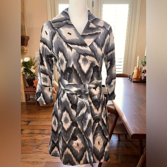 Vertigo Paris Belted Trench Coat XS Blue White Grey Ikat Print Double Breasted - Picture 3 of 8
